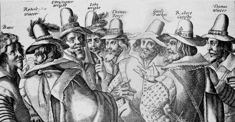 Die Schwarzpulververschwrer, Zeichnung von Crispijn van de Passe dem lteren. Dritter von rechts: Guy Fawkes