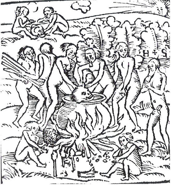 Zeichnung mit Darstellung von Kannibalismus in Brasilien in Hans Stades Buch 'Warhaftige beschreybung eyner Landschafft der wilden nacketen grimmigen menschenfresser in der newen Welt America'. Verffentlicht in Marburg von Andres Colb 1557